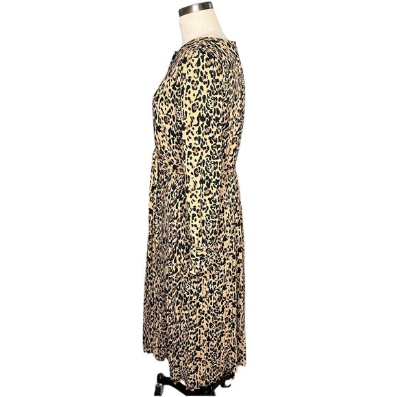 J CREW Tan Brown Leopard Patterned Pleated Midi Dress Women's Size 6 Belted Chic - Picture 2 of 7